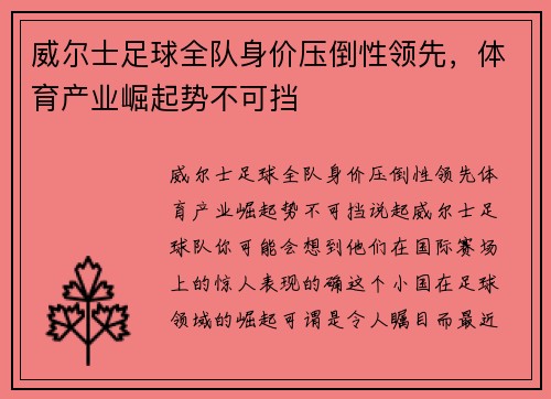 威尔士足球全队身价压倒性领先，体育产业崛起势不可挡